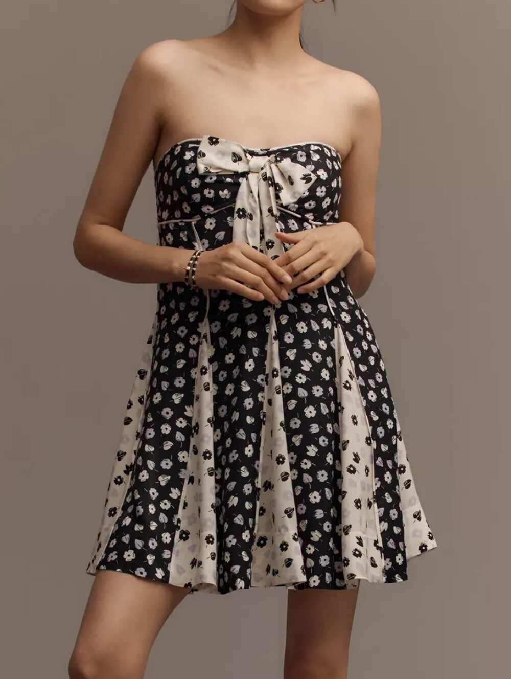 Floral Panel A-Line Dress in Black and Cream